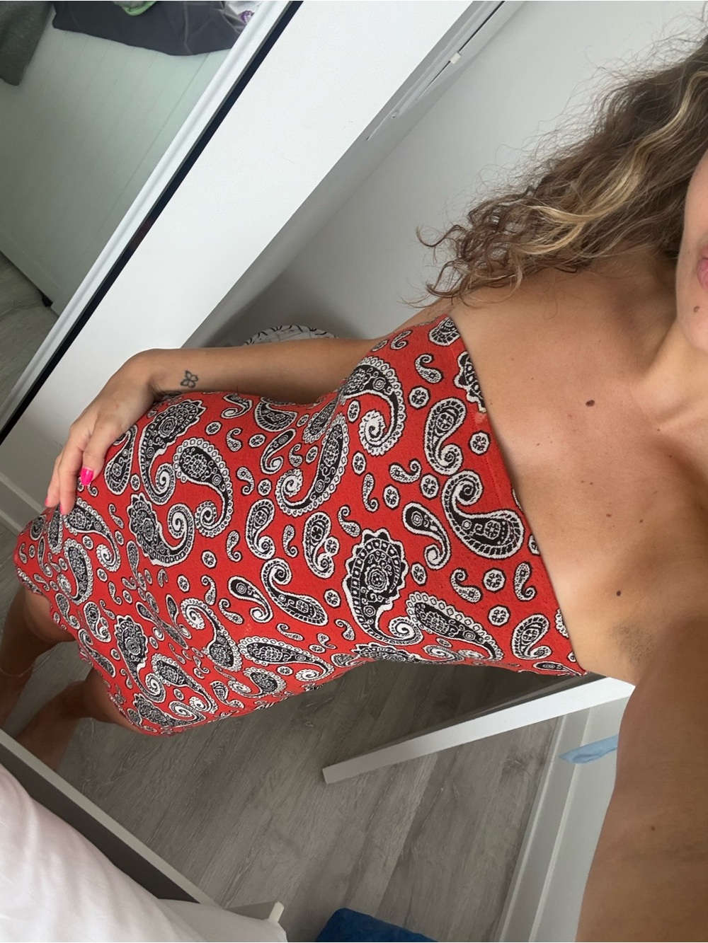 Red Paisley Strapless Mini Dress